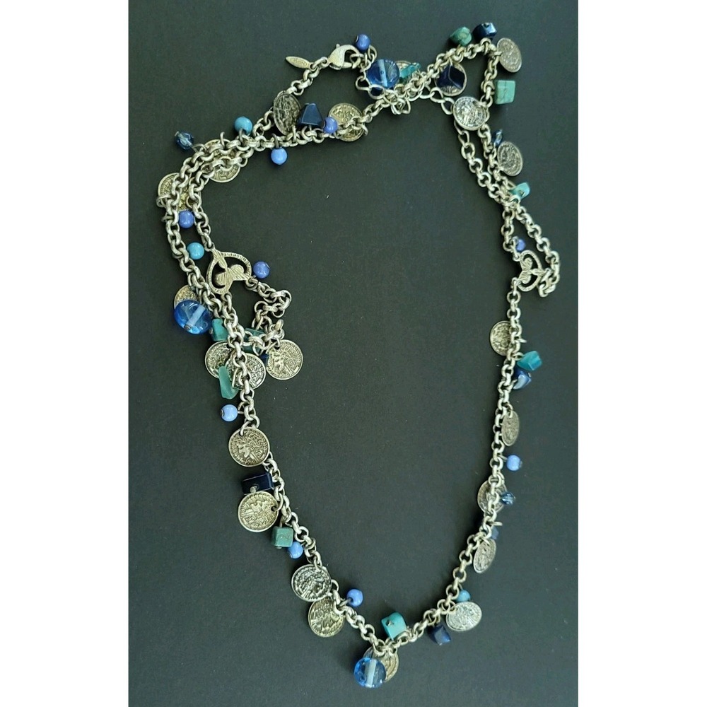 AVON SP Silver Tone Coin Blue Turquoise Bead Charm Necklace 16in 31g